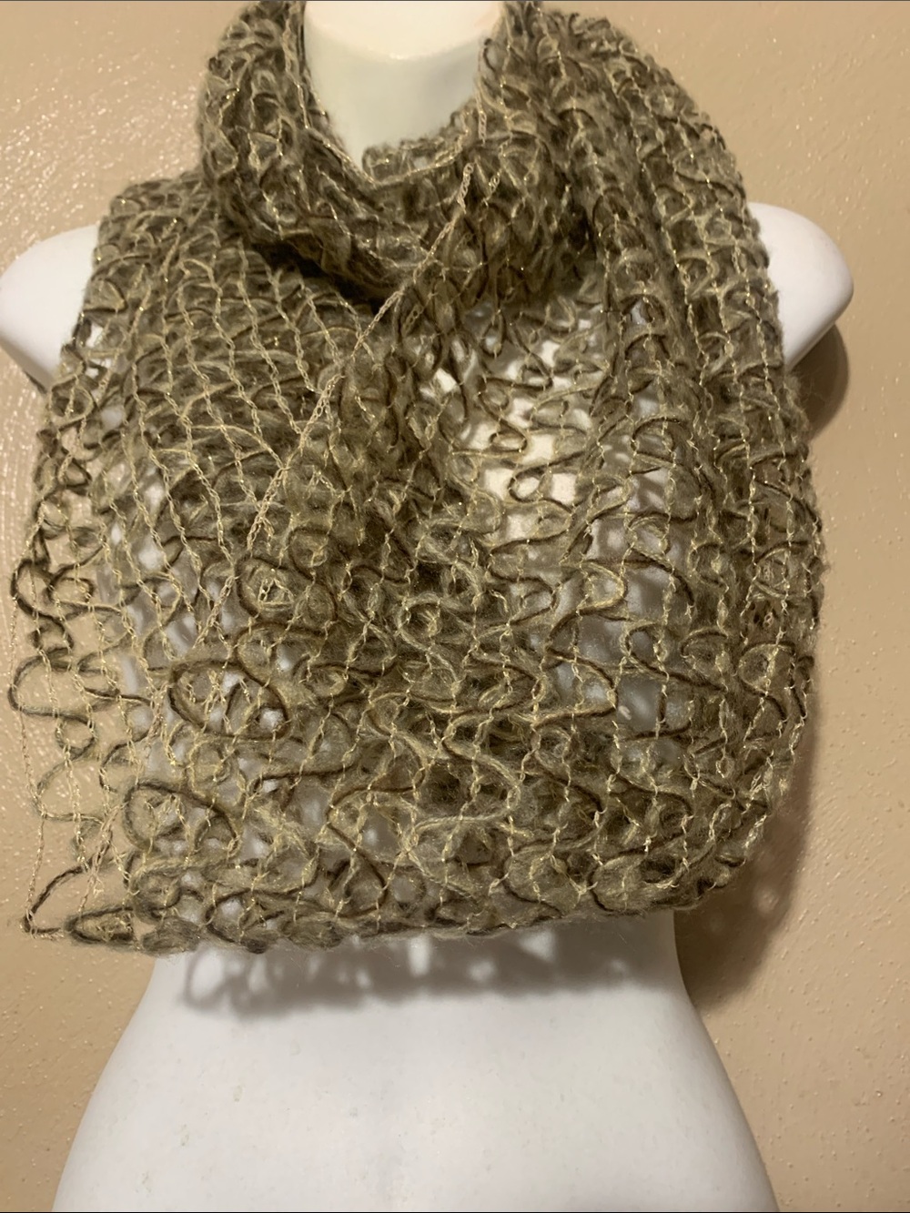 14. Everyday Infinity Scarf, Open-Weave Metallic Tan Loop Scarf NWT